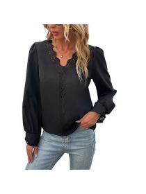 European style Fashion V neck Lace Long sleeve blouse 