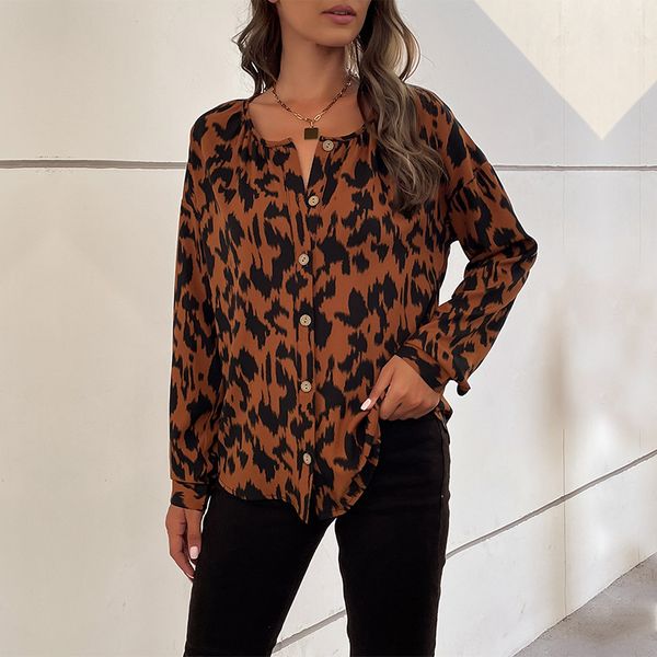 European style Leopard print Fashion Long sleeve blouse