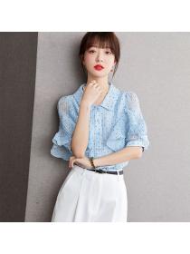 Korean style Short sleeve Chic Round collar Chiffon shirt 