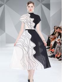 European style Fashion Printed Top+Slim Pleated Long skirt 