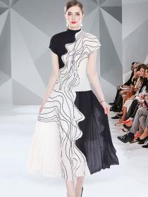 European style Fashion Printed Top+Slim Pleated Long skirt 