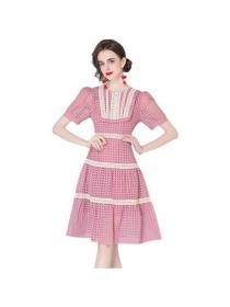 European style Retro Pink Slim Short sleee dress 