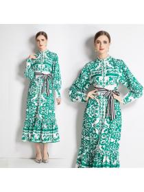 Boho style geometric print single breasted long dress