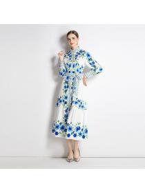 European style Summer fashion Polo collar Mid waist Long dress 