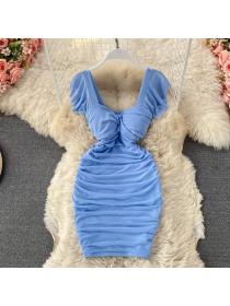 Fashion style Square neck Short sleeve Solid color Dress 
