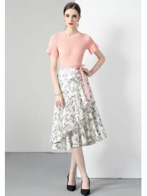 European style Slim Knitted Top+Irregular Long skirt 