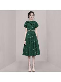 Korean style Slim Short sleeve Flower Embroidery Dress(with belt)
