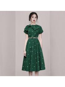 Korean style Slim Short sleeve Flower Embroidery Dress(with belt)