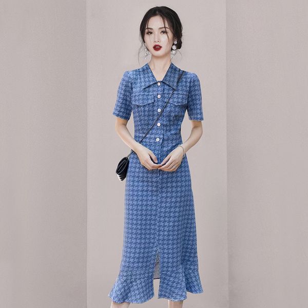 Korean style Summer fashion Blue Hip-full Split dress