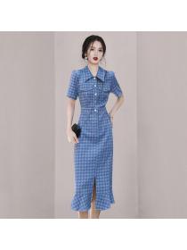 Korean style Summer fashion Blue Hip-full Split dress 