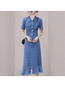 Korean style Summer fashion Blue Hip-full Split dress 