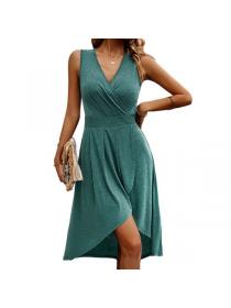 European style Summer Sleeveless Solid color Mid-length dress 