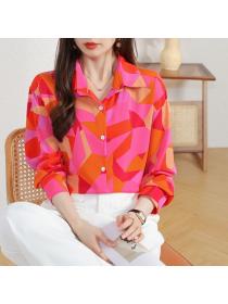 Korean style Retro Polo collar Long sleeve Silk Blouse 