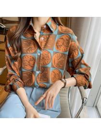 Korean style Retro Printed Long sleeve blouse 