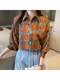 Korean style Retro Printed Long sleeve blouse 