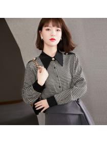 Korean style Fashion Matching Plaid Long sleeve blouse 