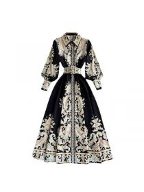Vintage style Polo collar Printed Slim dress for women