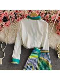 Vintage style Fashion Printed blouse+High waist Pleated skirt 2 pcs set