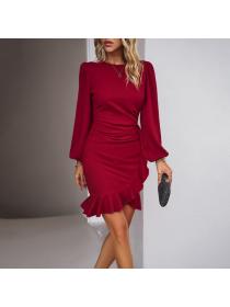 European style Fashion casual Elegant Puff sleeve dress Solid color dress 