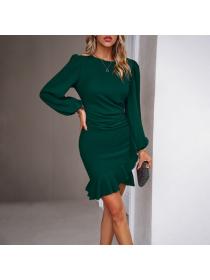 European style Fashion casual Elegant Puff sleeve dress Solid color dress 