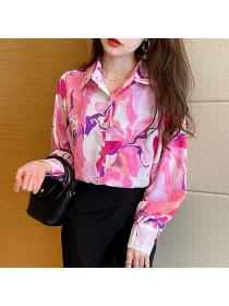 Korean style Pink Printed Loose Blouse 