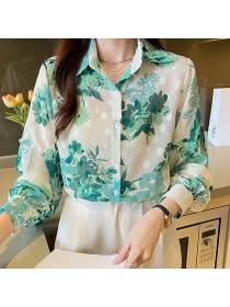 Korean style Retro Printed Fashion Long sleeve blouse for women 