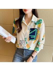 Korean style Retro fashion Polo collar Long sleeve blouse 