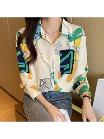 Korean style Retro fashion Polo collar Long sleeve blouse 