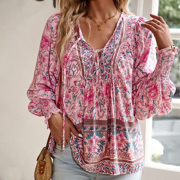 European style Summer V collar Printed Elegant blouse