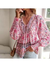 European style Summer V collar Printed Elegant blouse 