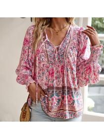 European style Summer V collar Printed Elegant blouse 