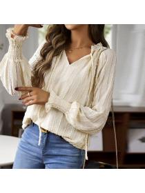 European style Summer V collar Long sleeve blouse 