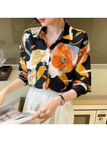 Korean style Retro Printed Chiffon Long sleeve blouse 