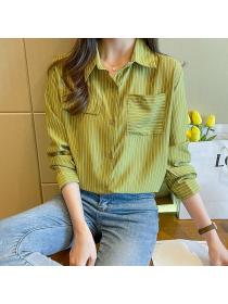 Korean style Autumn fashion Loose Stripe Casual Long sleeve blouse 