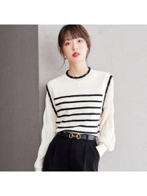 Korean style Round collar Stripe Pullovers