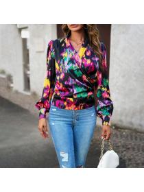 European style Fashion Puff sleeve V collar blouse 