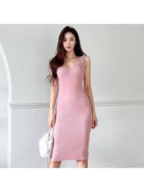 Korean style Summer Sleeveless V neck One step dress 