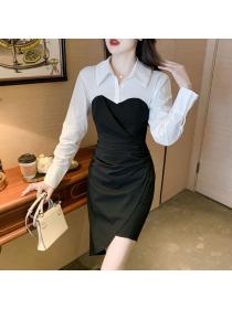 Korean style Elegant Polo collar Long sleeve dress 