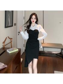 Korean style Elegant Polo collar Long sleeve dress 