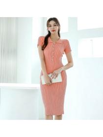 Korean style Elegant Short sleeve Knitting One step dress 