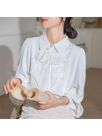 Korean style Autumn fashion Chiffon White Blouse for women