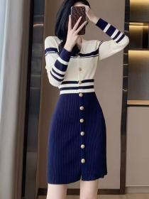 Korea style Winter Fashion V neck Long sleeve Knitting dress 