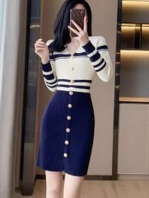 Korea style Winter Fashion V neck Long sleeve Knitting dress 