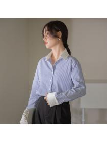 Korea style Fashion Lantern sleeve Stripe blouse 