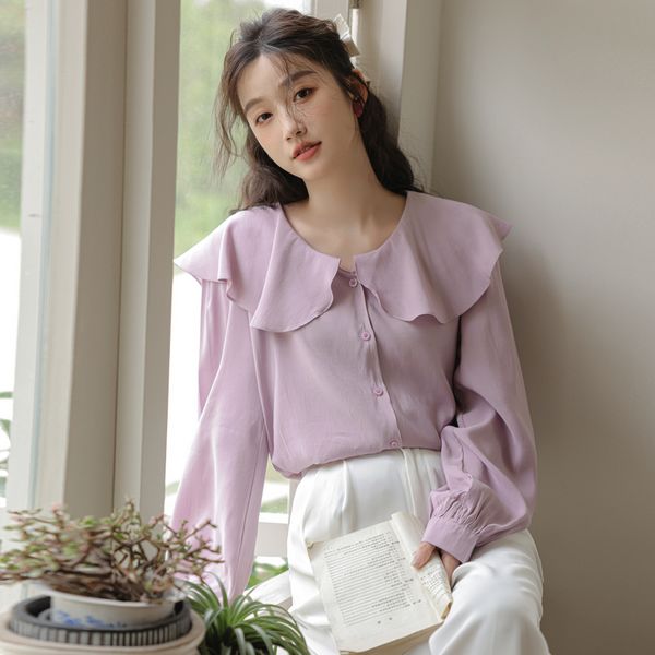Korea style Chic Round collar Solid color blouse