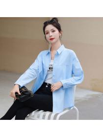 Korea style Fashion Polo collar Matching Denin blouse 