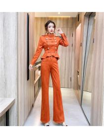 Korea style Fashion Leather cashmere top Wide leg long pants a set