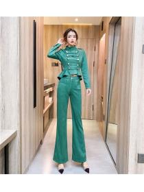 Korea style Fashion Leather cashmere top Wide leg long pants a set