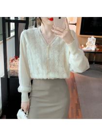 Korea style Autumn fashion V collar Long sleeve Top