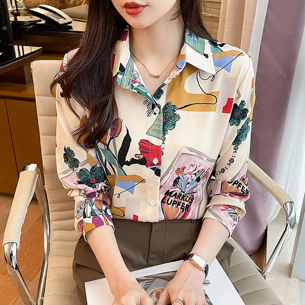 Korean style Retro Autumn fashion Printed blouse